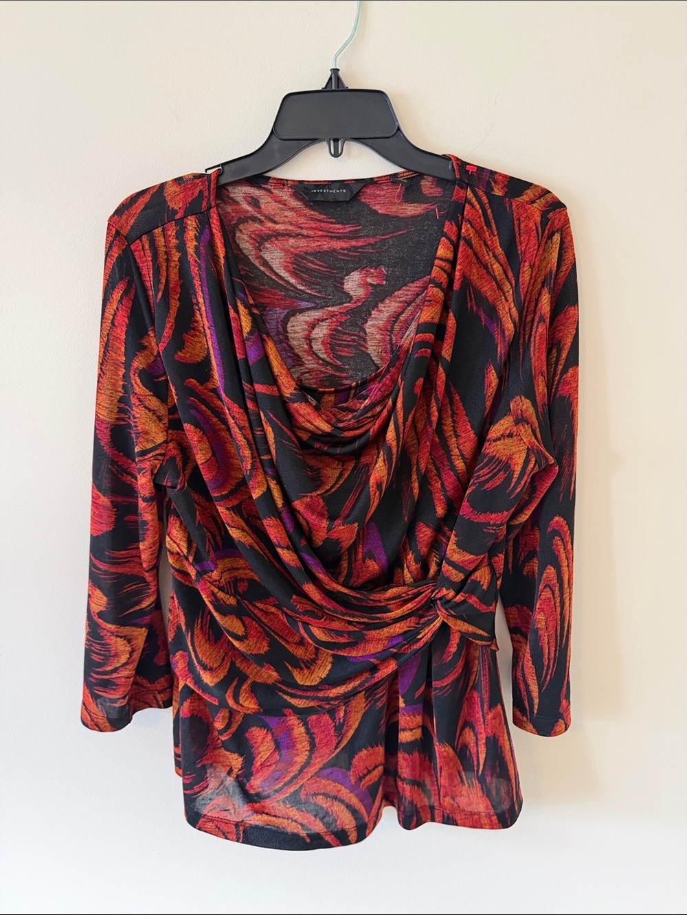 Investments Draped Blouse in Black with Red, Orange & Purple Abstract Swirl
